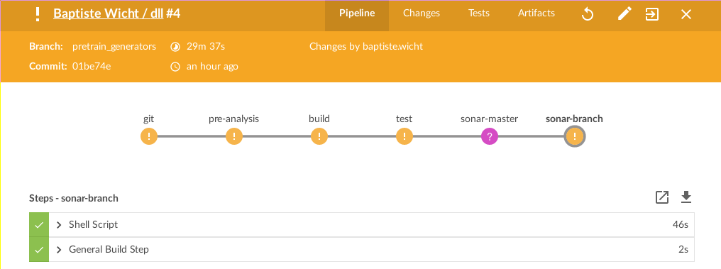 Jenkins Blue Ocean view of a build for DLL project