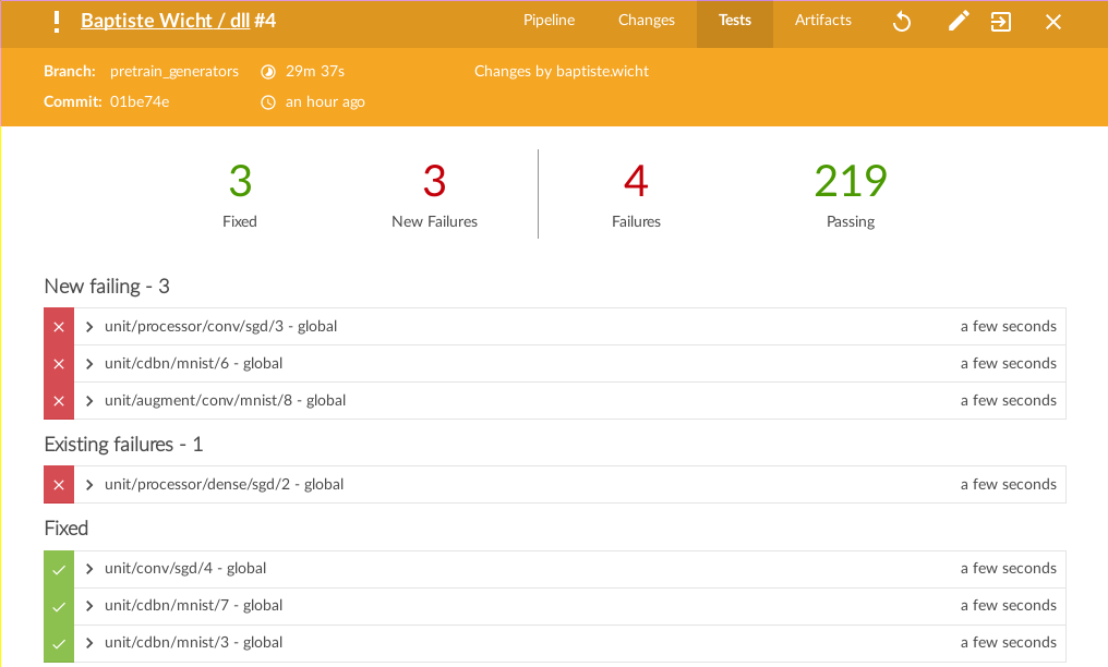 Jenkins Blue Ocean view of a build tests for DLL project